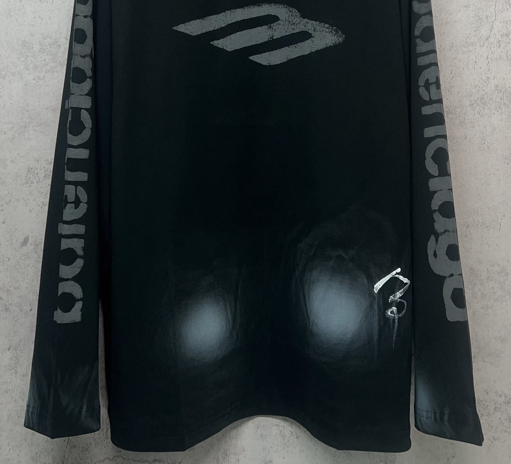 Balenciaga long-sleeve T-shirt, dark front with “B” style logo and logo sleeve text