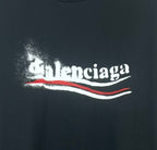 Balenciaga logo graphic with red and white swoosh on black shirt