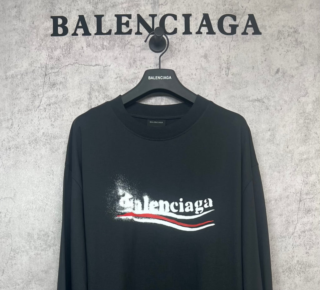 Black long-sleeve shirt with large Balenciaga logo print on chest