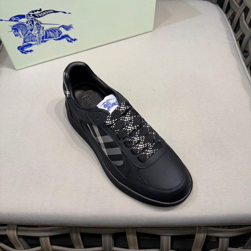 Burberry black leather sneaker with check-pattern laces, lace-up front