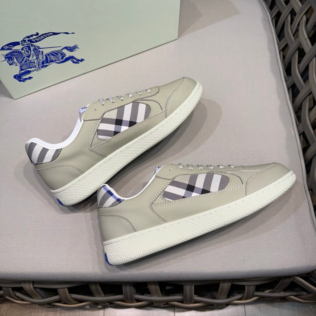 Burberry low-top sneakers from above, beige leather with navy/black check tongue detail