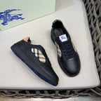Black leather low-top sneakers with beige-and-brown check side panel
