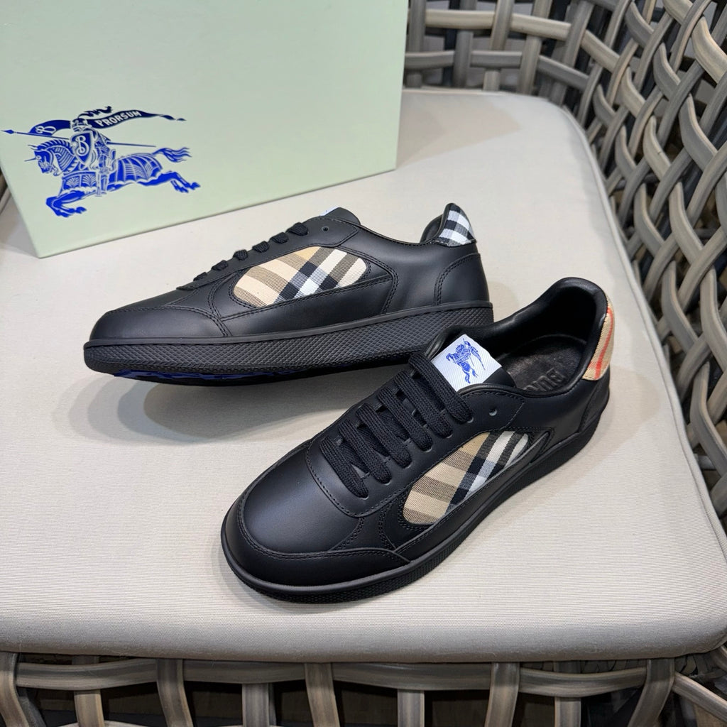 Black lace-up sneakers with beige check quarter panel and blue trim