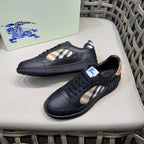 Black lace-up sneakers with beige check quarter panel and blue trim