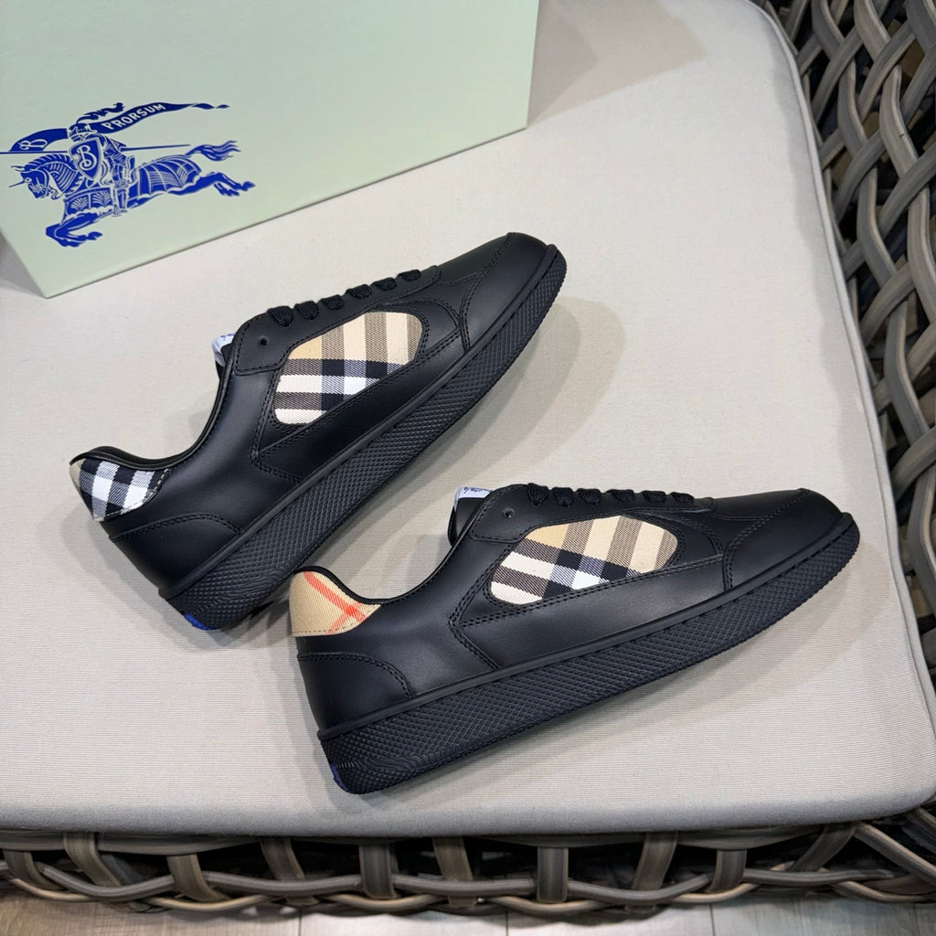 Black leather sneakers with beige check inserts and textured rubber sole