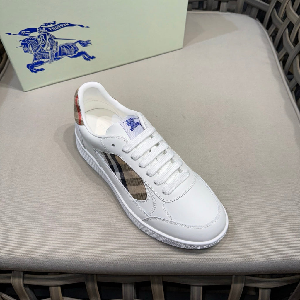 White leather lace-up sneakers with check side panel and blue horse logo