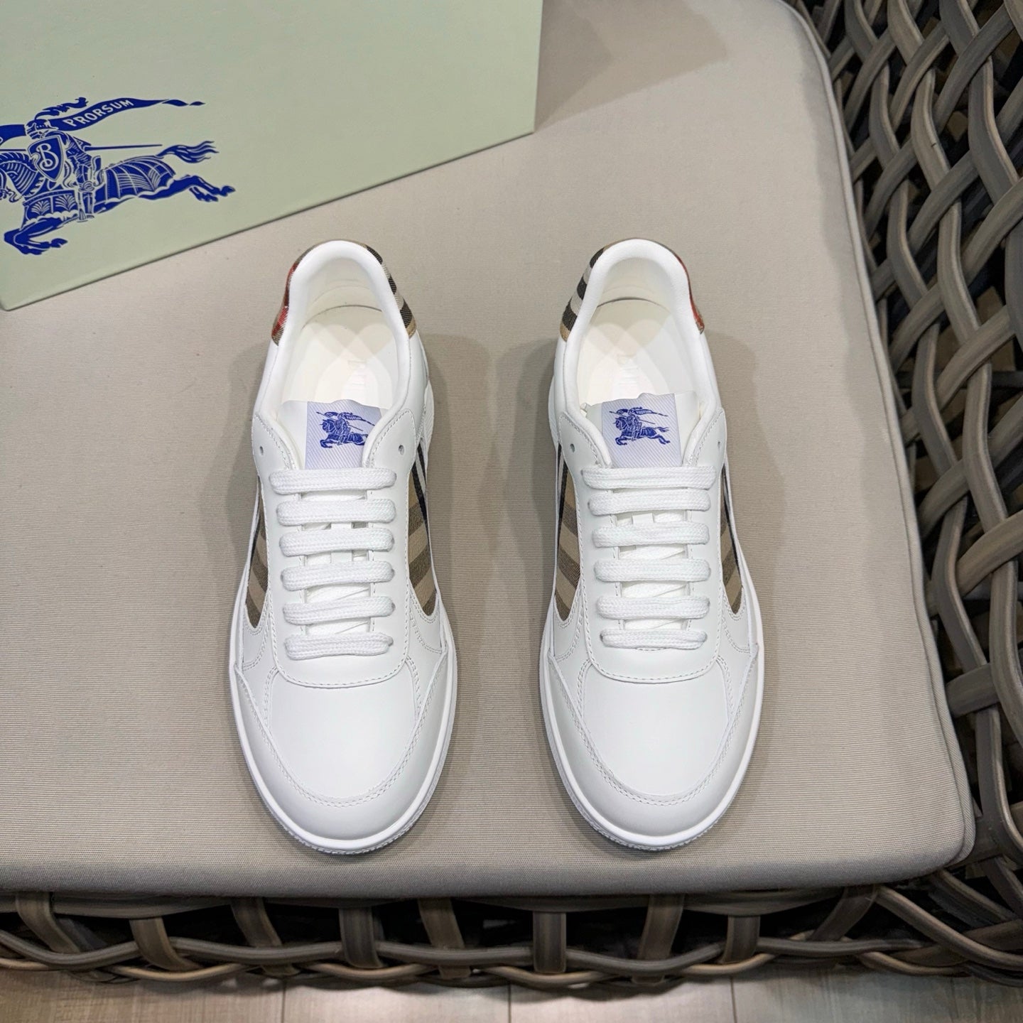 White leather lace-up sneakers with check side panel detail