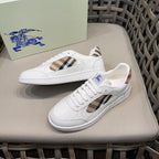 White leather lace-up sneakers with check side cutout and striped sole
