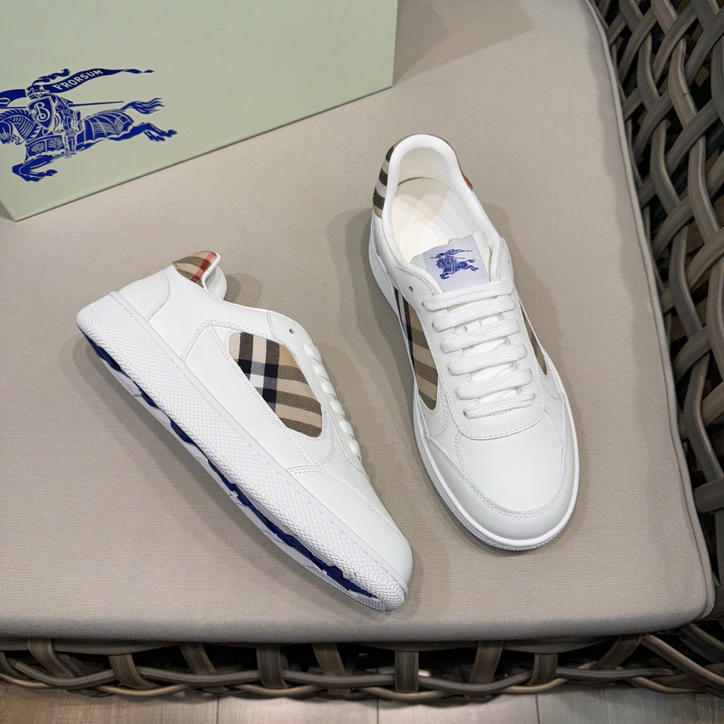 White leather lace-up sneakers with check side cutout and blue trim