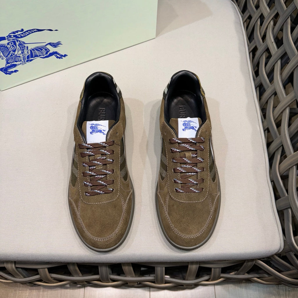 Burberry suede lace-up sneakers in tan, with check panel and brown laces