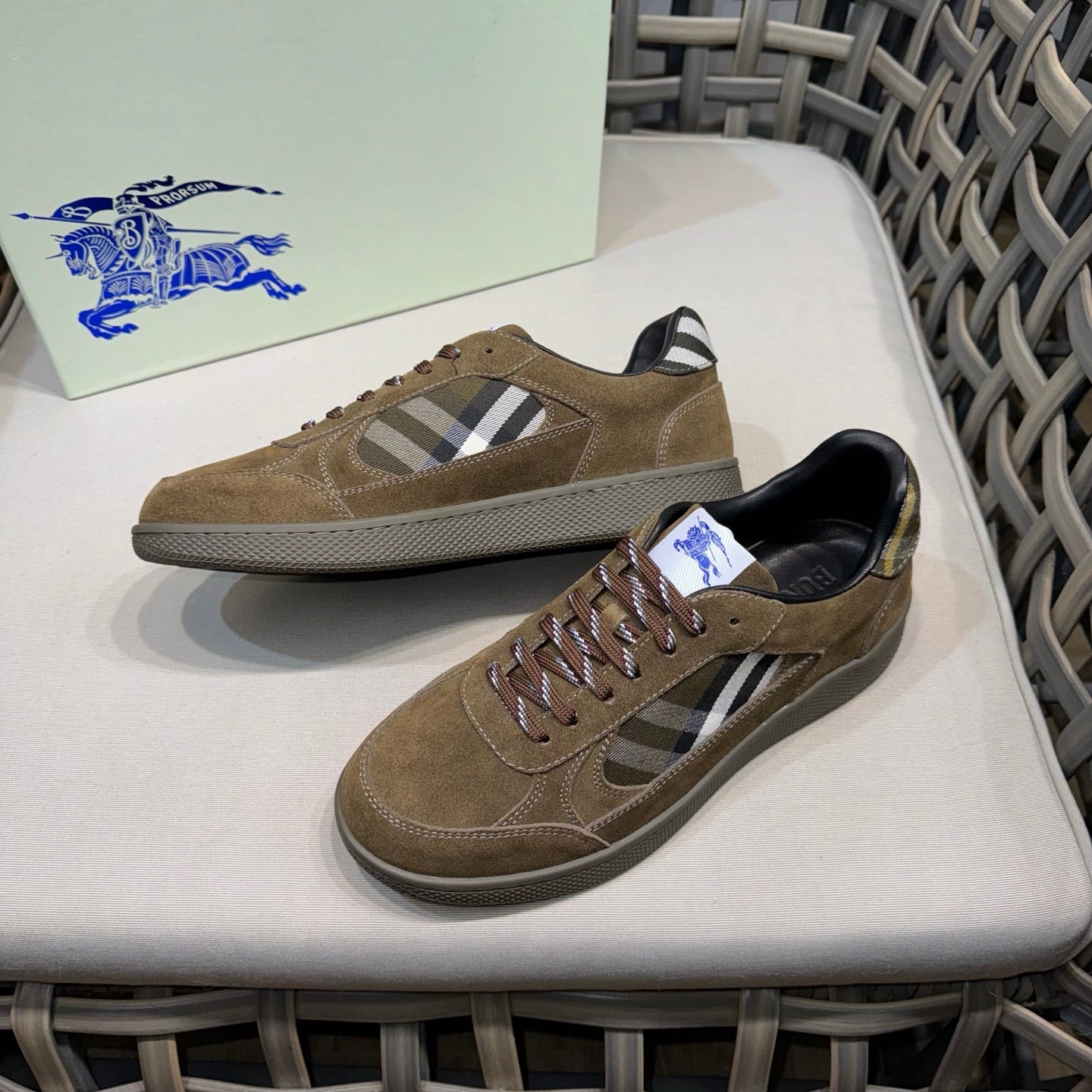 Burberry suede lace-up sneakers in tan, with check tongue and textured sole