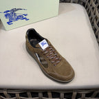 Burberry suede lace-up sneakers in tan, with check trim and brown laces
