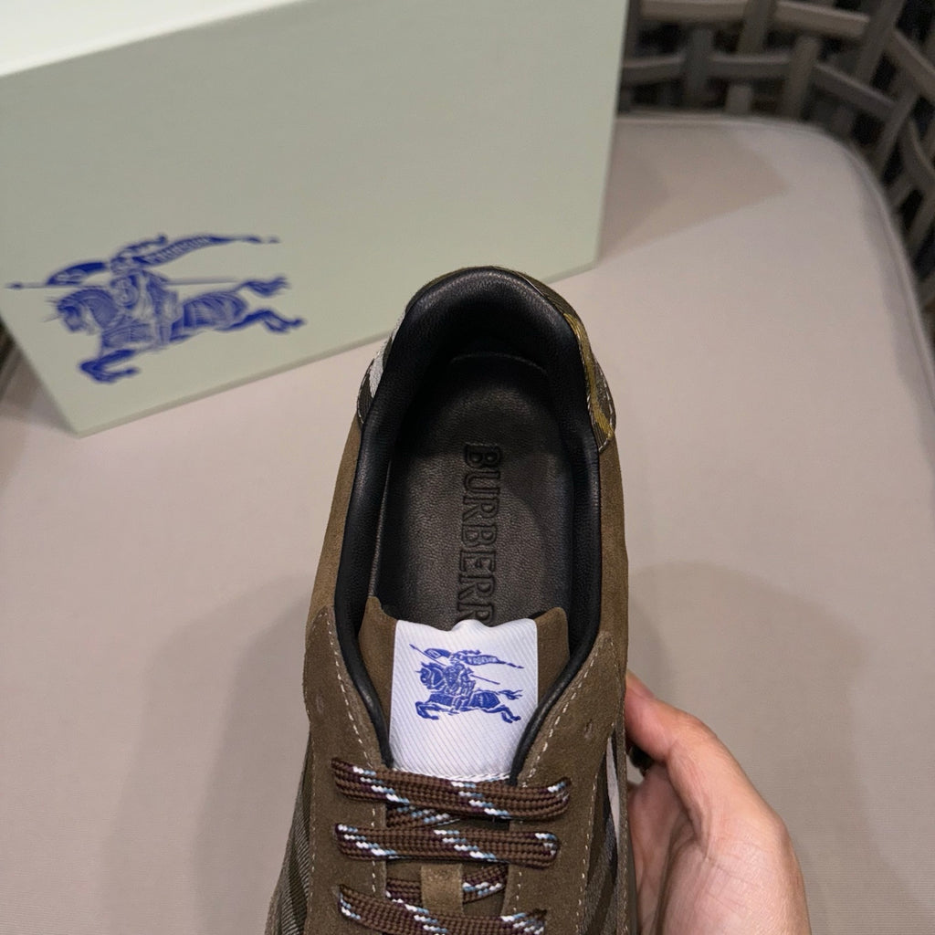 Burberry suede sneaker heel, tan with black lining and lace front