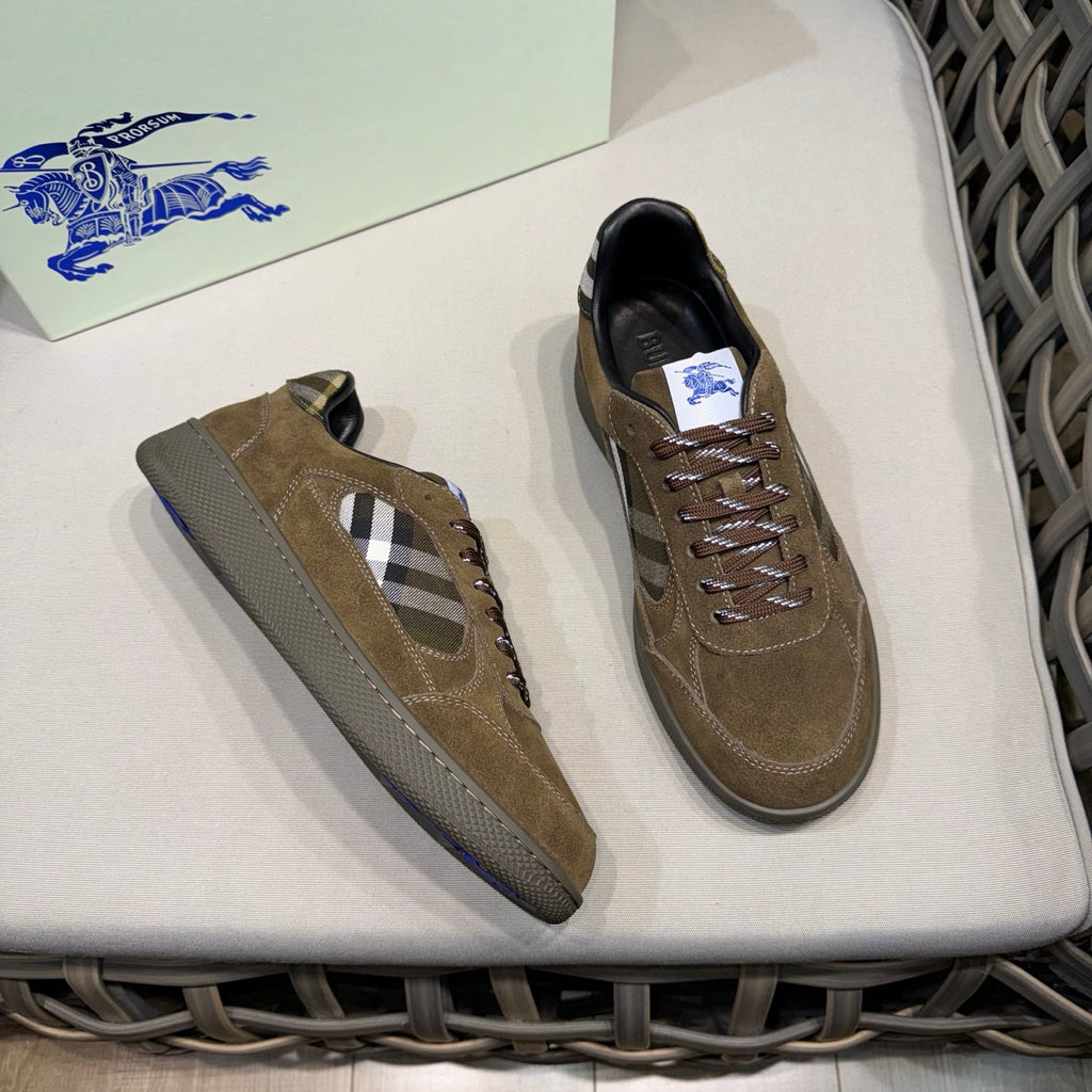 Burberry suede lace-up sneakers, tan with side check stripe and black heel