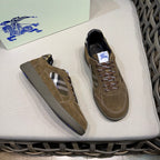Burberry suede lace-up sneakers, tan with side check stripe and black heel