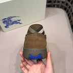 Burberry suede sneaker heel, tan with check back patch and blue rubber sole