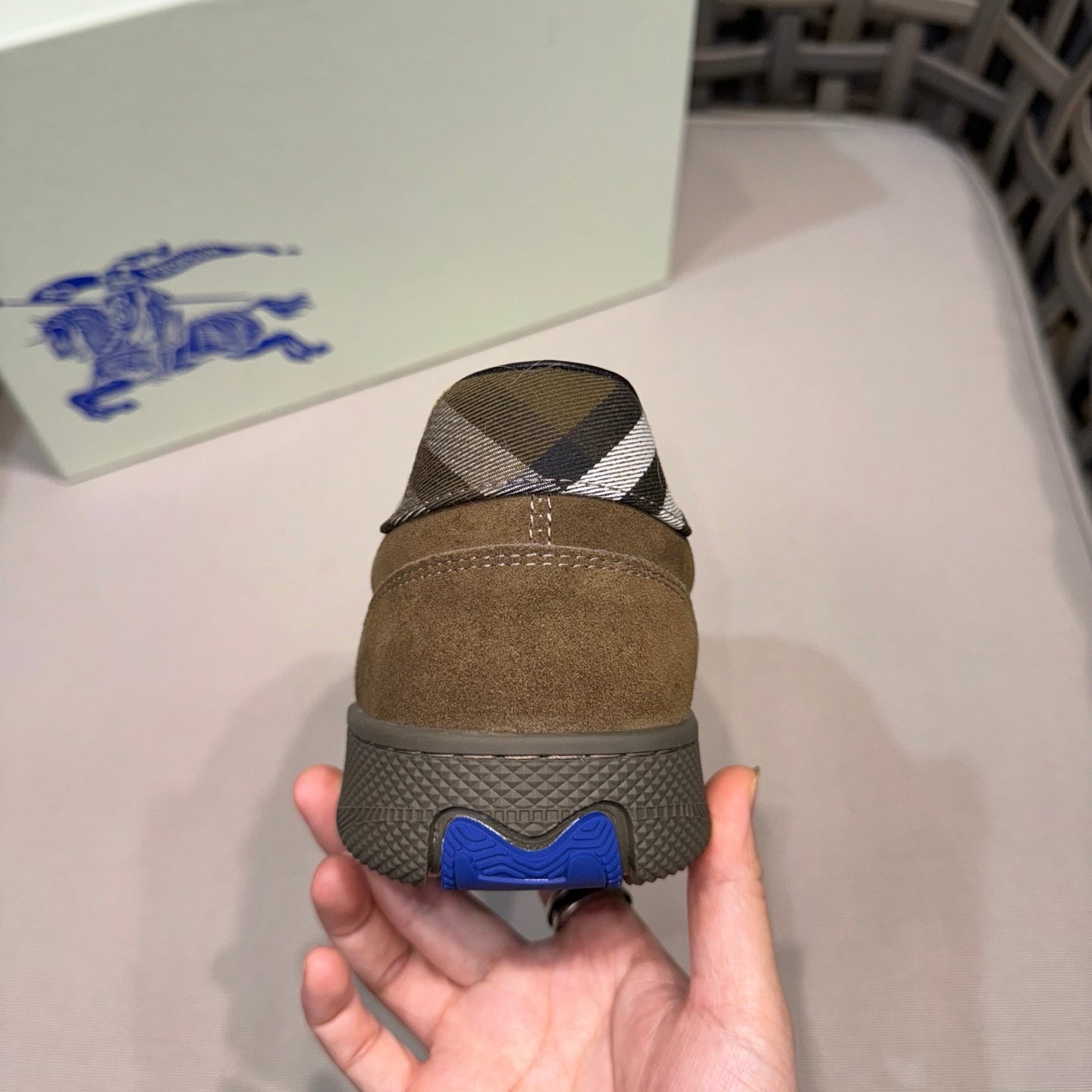 Burberry suede sneaker heel, tan with check back patch and blue rubber sole