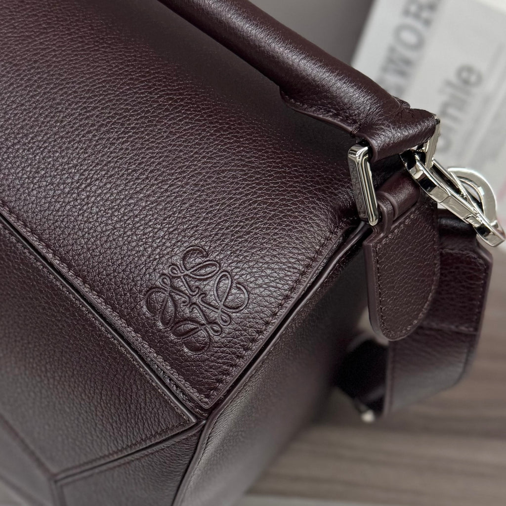 Loewe dark brown leather front panel with embossed logo and stitched seams