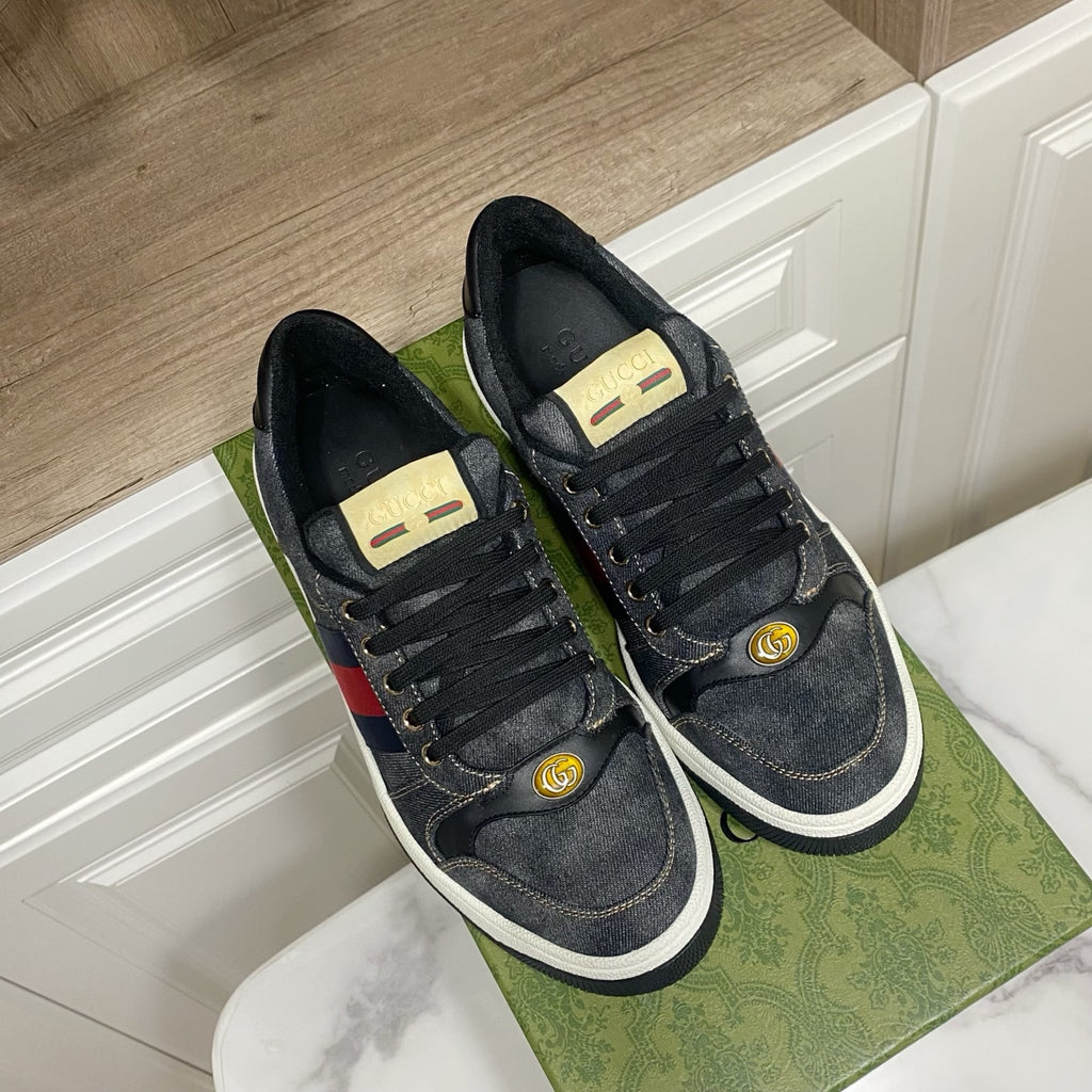 Gucci unisex denim sneakers, dark blue with gold laces, red-and-blue stripe panel, white sole