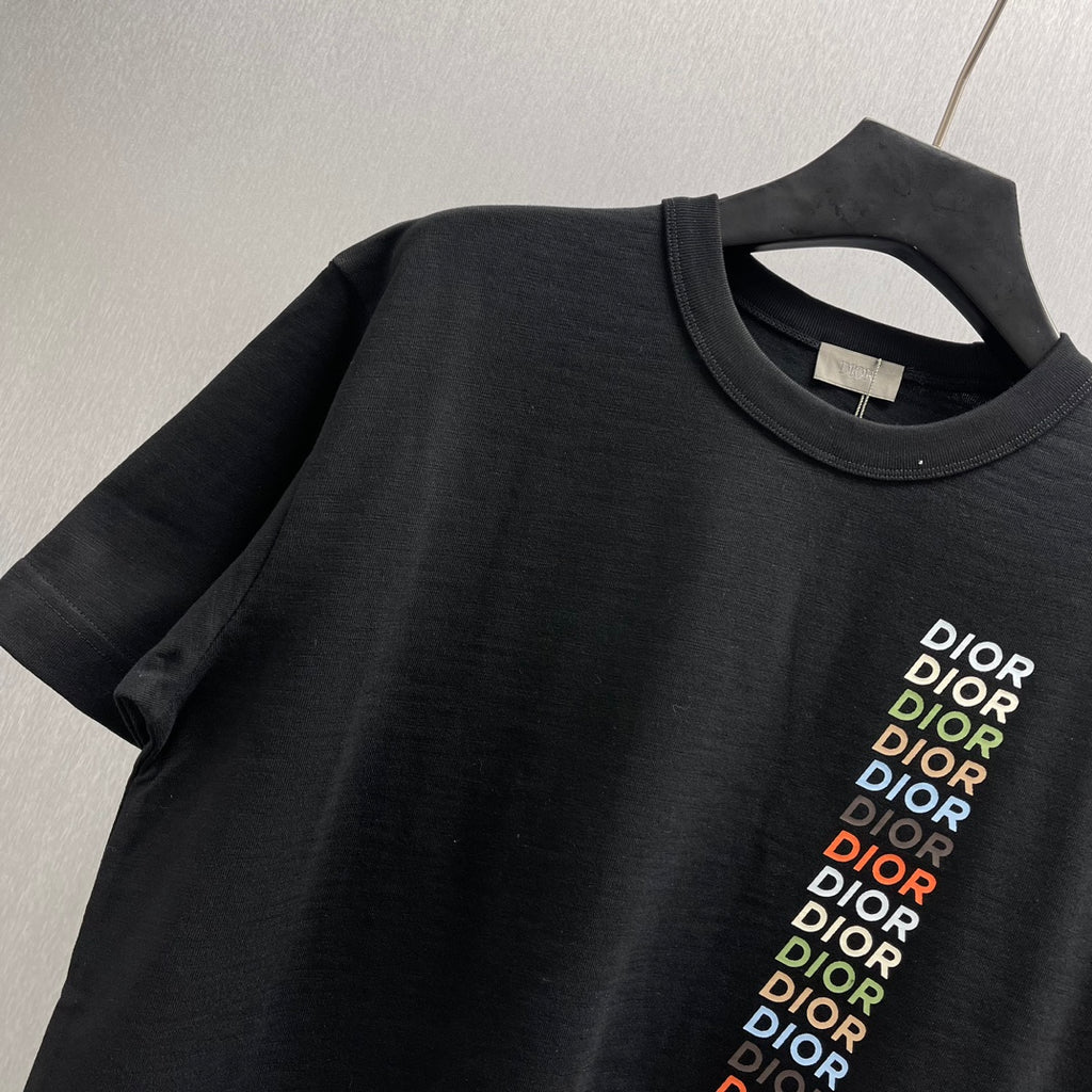 Black short-sleeve T-shirt with large Dior logo vertical stack on chest