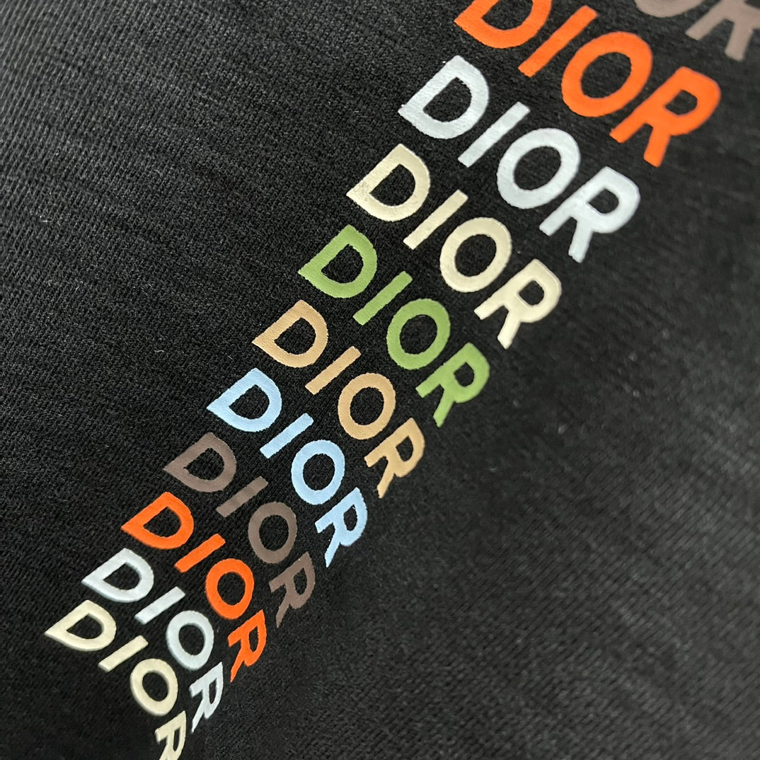 Black T-shirt with diagonal multicolor Dior logo text