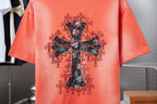 Coral short-sleeve T-shirt with large ornate cross graphic