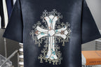 Dark short-sleeve T-shirt back with detailed cross artwork embroidery.