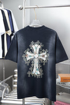Dark short-sleeve T-shirt with large cross graphic on the back.