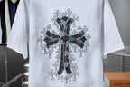 White short-sleeve T-shirt with large front cross graphic in black and teal