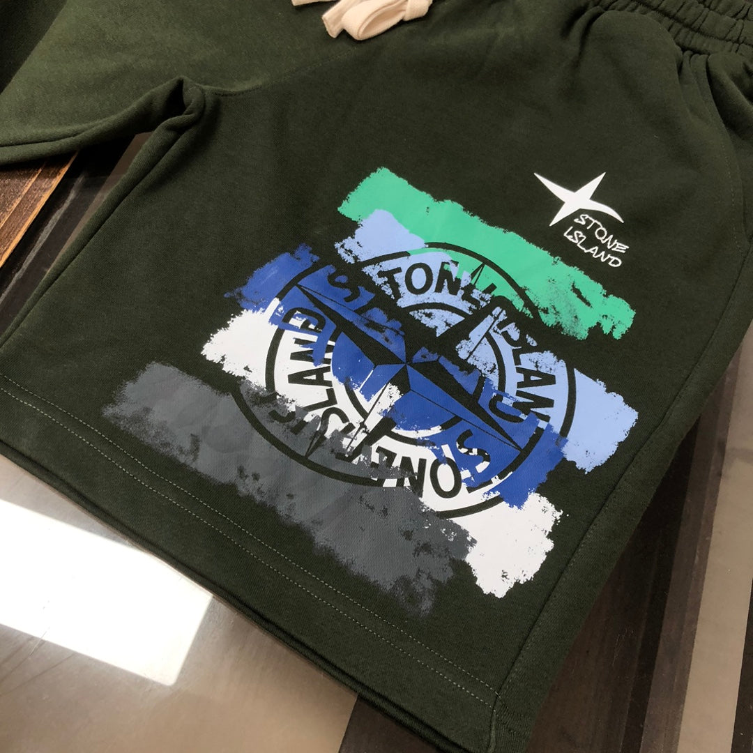 Stone Island green shorts with large front logo graphic print