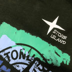 Stone Island green shorts with turquoise, white, and black logo graphic