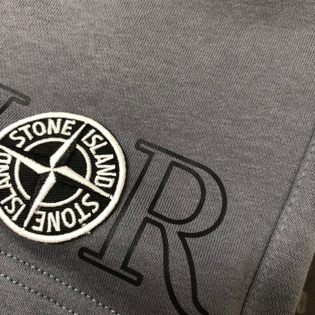 Gray shorts close-up of circular Stone Island badge and dark logo lettering