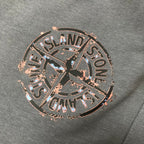 Close-up of Stone Island circular logo graphic patch on dark gray fabric