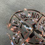 Close-up detail of Stone Island logo graphic patch on dark gray shorts