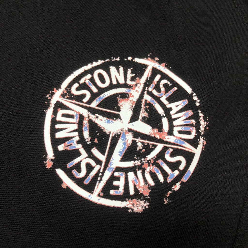 Stone Island circular logo patch on black shorts, featuring multicolor detailing