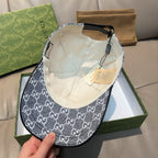 Gucci cap in dark blue with GG monogram pattern, cream interior lining visible