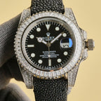 Rolex Submariner watch with black dial, black textured strap, jeweled bezel