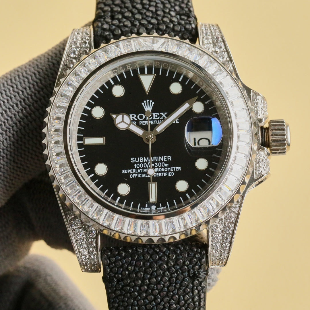 Rolex Submariner watch with black dial, black textured strap, jeweled bezel