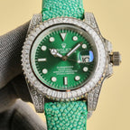 Rolex Submariner watch with green dial, green textured strap, jeweled bezel