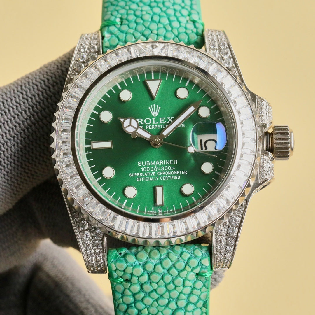 Rolex Submariner watch with green dial, green textured strap, jeweled bezel