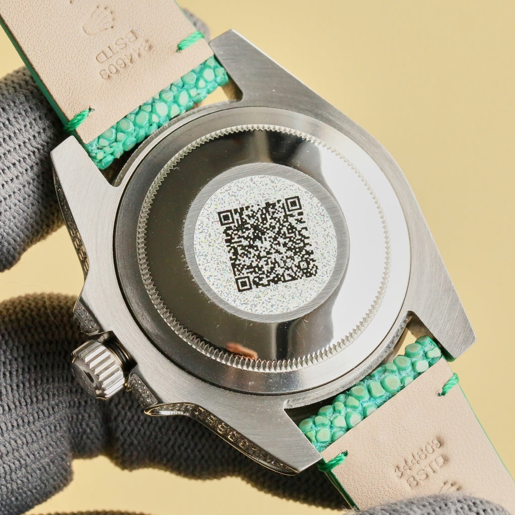Rolex Submariner caseback with QR code, silver back, green leather strap