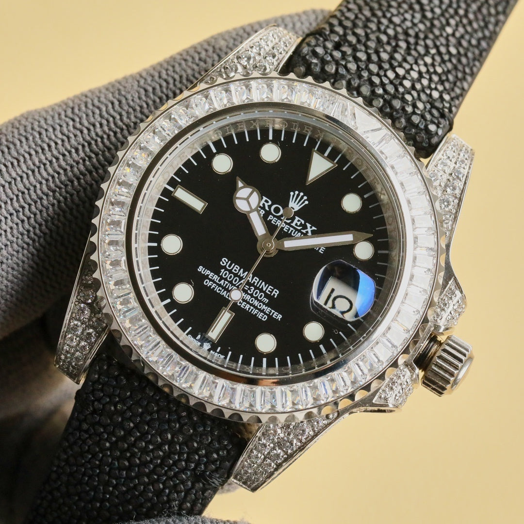 Rolex Submariner watch with black dial, black textured strap, diamond-studded bezel