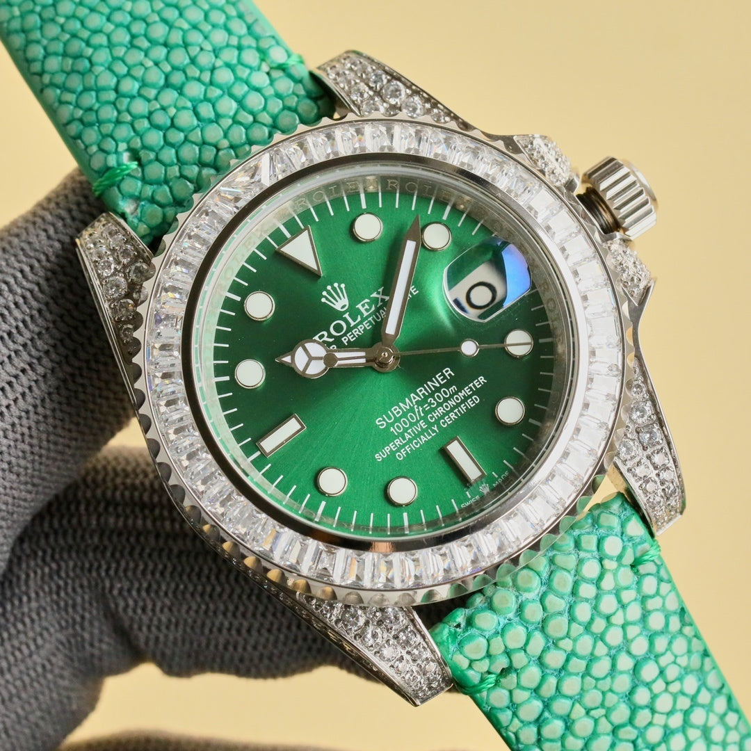 Rolex Submariner watch with green dial, green textured strap, diamond-studded bezel