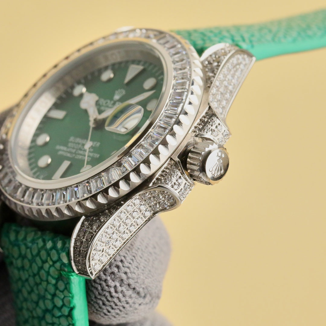Rolex Submariner watch side view with green dial, diamond bezel, crown detail