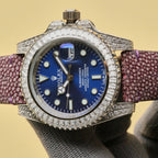 Rolex Submariner wristwatch with blue dial, jeweled bezel, purple textured leather strap