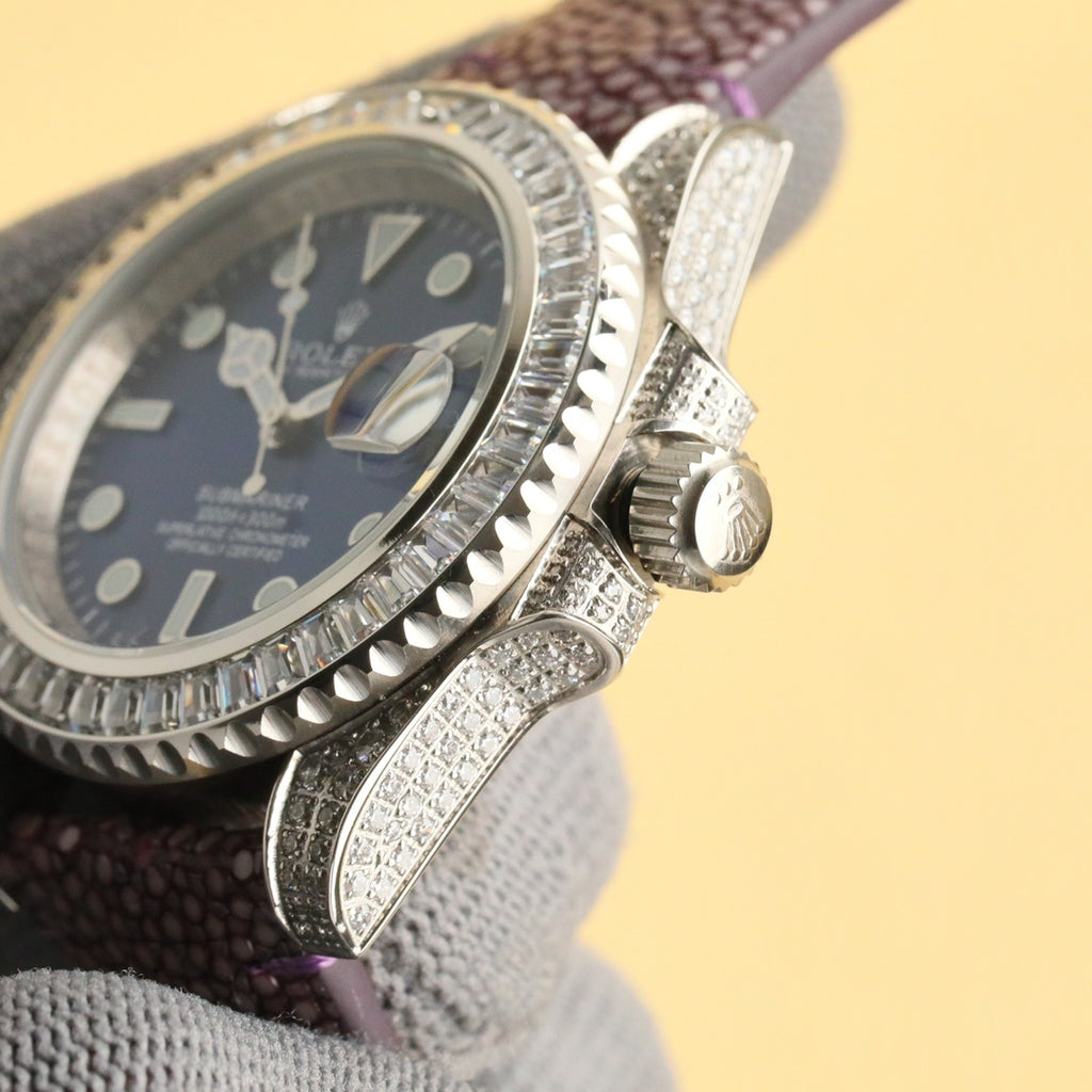 Rolex Submariner watch side view with black dial, diamond bezel, crown, purple leather strap