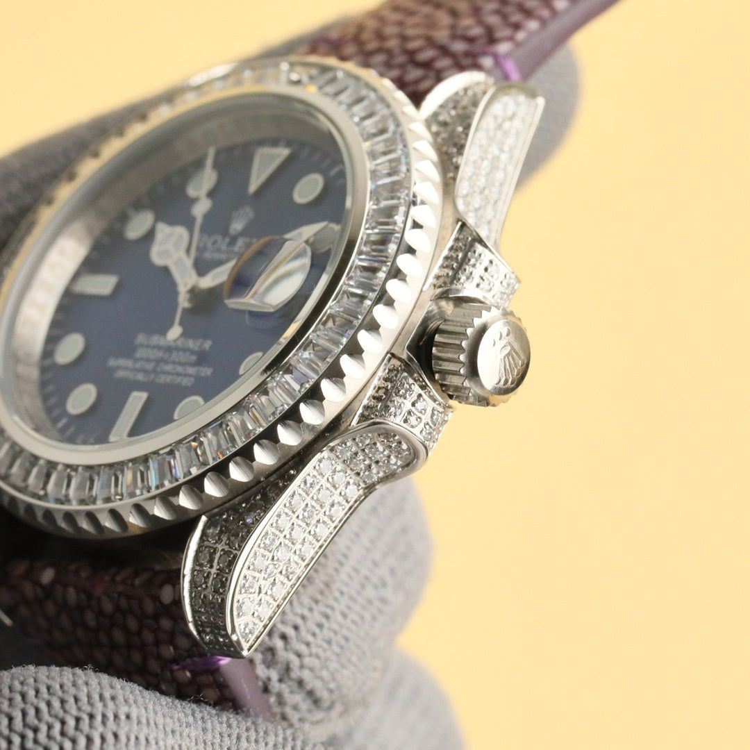 Rolex Submariner watch side view with black dial, diamond bezel, crown, purple leather strap