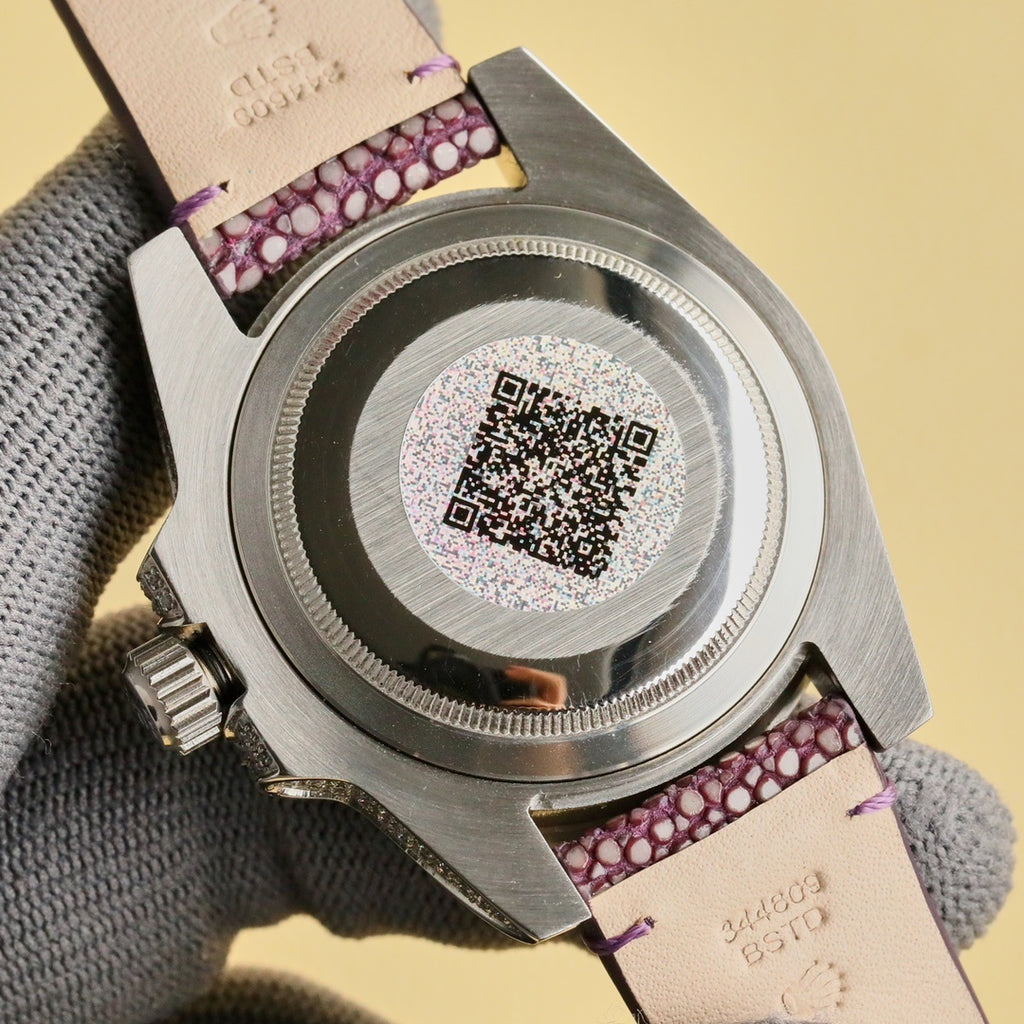 Rolex watch caseback with QR mark, purple textured leather strap, diamond-finish bezel