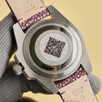 Rolex watch caseback with QR mark, purple textured leather strap, diamond-finish bezel