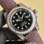Rolex Submariner wristwatch with black dial, diamond bezel, purple textured leather strap